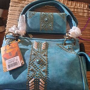 Montana West Turquoise Studded Bag and Wallet Set